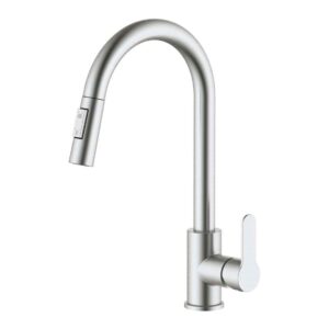 GRIFO MONOMANDO DE COCINA CAÑO ALTO EXTRAÍBLE PLATEADO MATE SERIE MIÑO