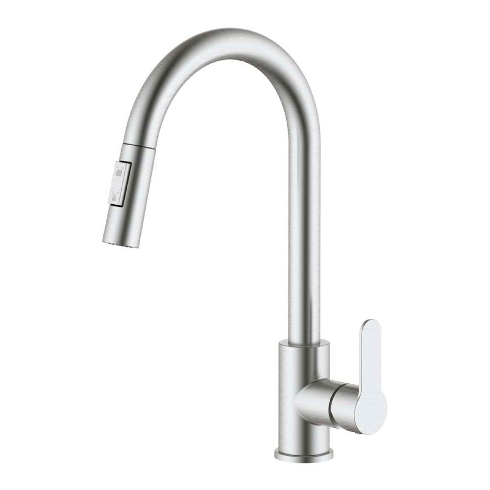 GRIFO MONOMANDO DE COCINA CAÑO ALTO EXTRAÍBLE PLATEADO MATE SERIE MIÑO