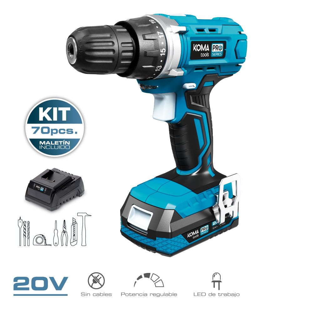 KIT TALADRO ATORNILLADOR 20 V CON 70 ACCESORIOS, BATERÍA 2.0Ah Y CARGADOR