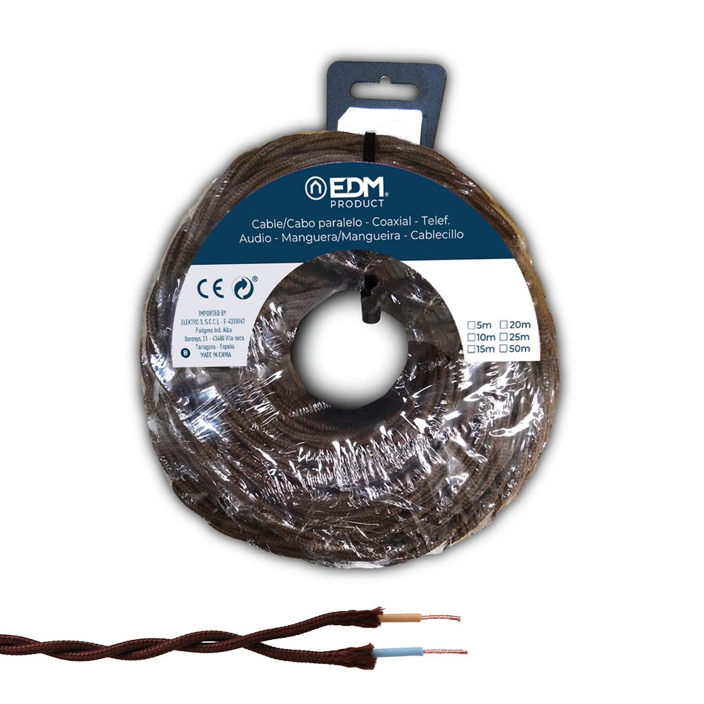 CARRETE CABLE PARALELO TEXTIL TRENZADO H05VV-F 2 x 1,50 mm² MARRÓN, 25 m