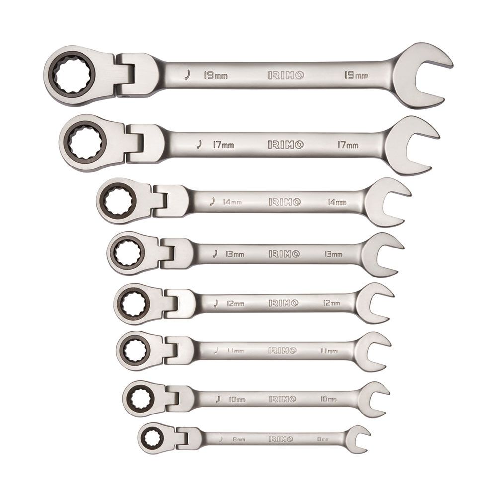LLAVE COMBINADA CON CARRACA CABEZA FLEXIBLE FIJA 8 - 19 mm, JUEGO 8 PIEZAS