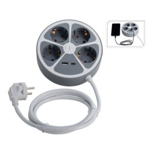 BASE DE ENCHUFE MÚLTIPLE 4 TOMAS REDONDA + USB, 1,4m CABLE