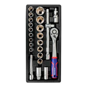 LLAVE DE CARRACA Y VASOS ½ pulg, JUEGO 24 PIEZAS, MÉTRICO