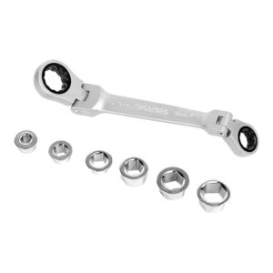 LLAVE DE ESTRELLA DOBLE CON CARRACA, ARTICULADA, 6 BOCAS INTERCAMBIABLES, Cr-V, 14 x 19 mm, 7 PIEZAS