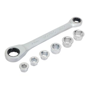 LLAVE DE ESTRELLA DOBLE CON CARRACA, 6 BOCAS INTERCAMBIABLES, Cr-V, 14 x 19 mm, 7 PIEZAS