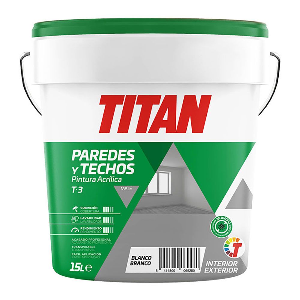 PINTURA PLÁSTICA ACRÍLICA ESTIRENADA INTERIOR/EXTERIOR, ANTIMOHO T-3, BLANCO MATE, 15 l