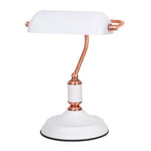 LÁMPARA DE MESA, E27, TIPO BANQUERO, BLANCA+COBRE, BASE Ø185 mm, 260 x 195 x 345 mm