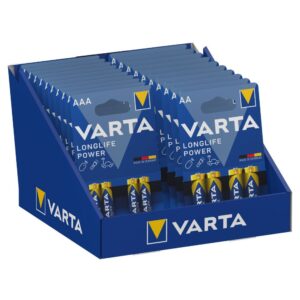 EXPOSITOR DE CARTON DE SOBREMESA DE PILAS VARTA "LONG LIFE" 10 BLISTERS 4xAAA LR03 +10 BLISTERS 4xAA LR06 VARTA 27x18x17cm