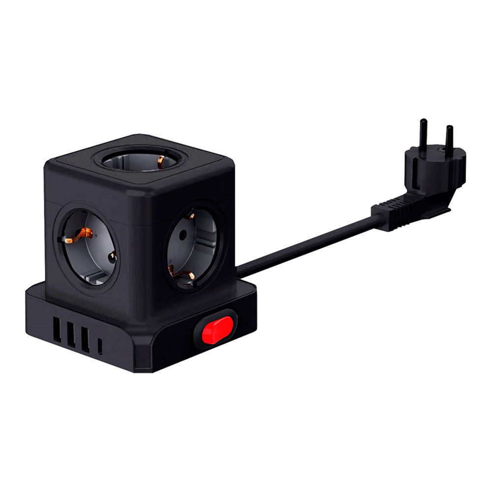 BASE AÉREA 5 TOMAS SCHUKO 2P+T CON INTERRUPTOR 16 A 3680 W 250 V~+ 4 USB 3,1A (3 A+1 C), CABLE DE 1,5 m, NEGRA