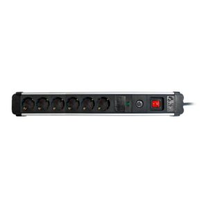 BASE MÚLTIPLE, 6 TOMAS, SCHUKO 2P+T, 16A 250V~, 1,5 m CABLE, C/INTERRUPTOR Y PROT. SOBRETENSIONES, ALUMINIO