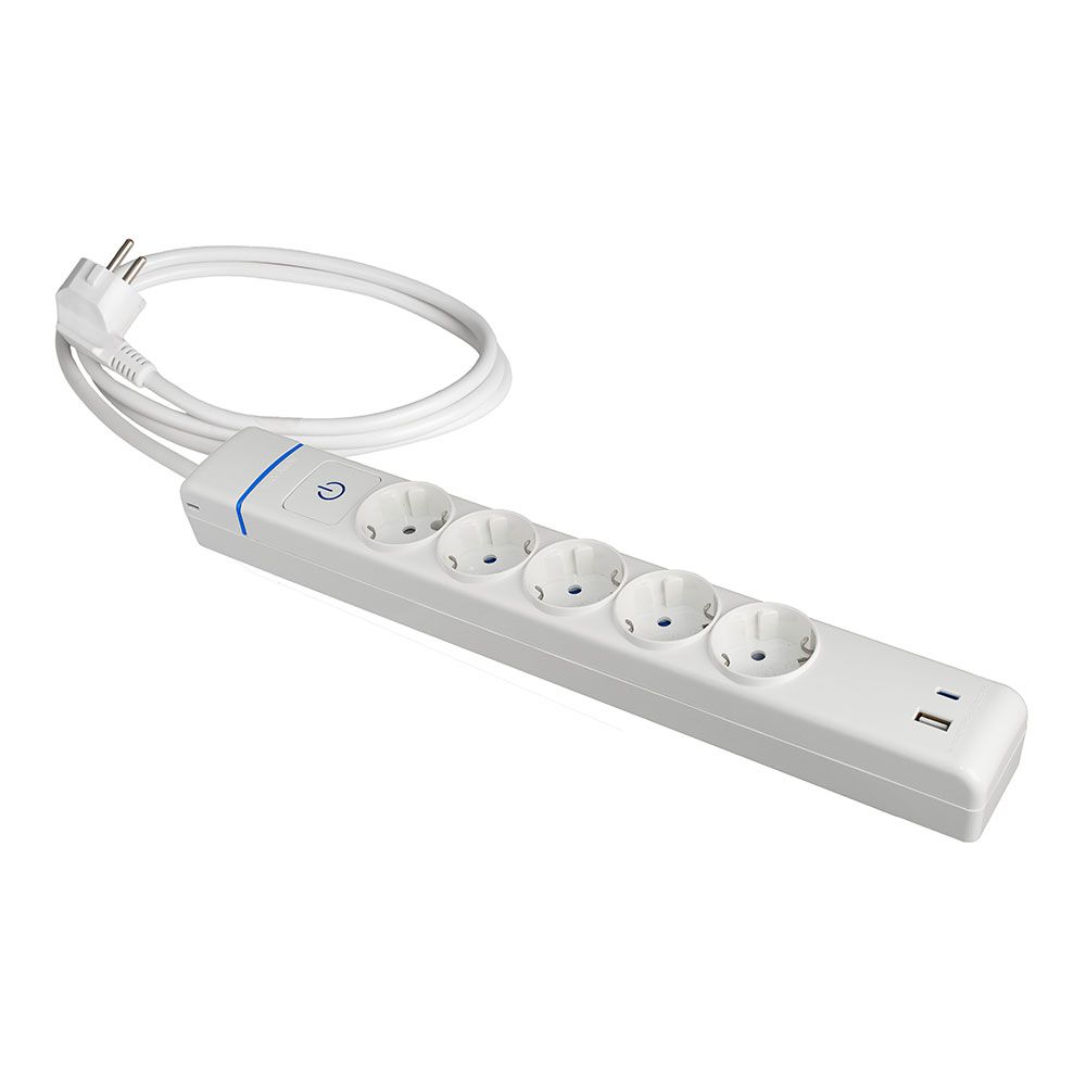 BASE MÚLTIPLE, 5 TOMAS 2P+T, CON INTERRUPTOR + 2 USB, 1,5 m CABLE H05VV-F 3G1,5 mm², 16A 250V~, BLANCA