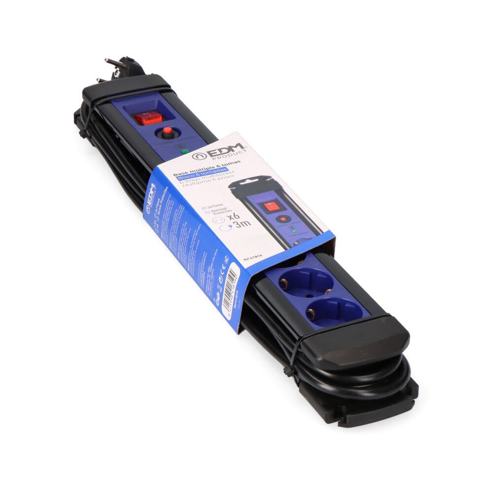 BASE MULTIPLE 6 TOMAS 2P+T CON INTERRUPTOR LUMINOSO+PROTECTOR, 3 m CABLE H05VV-F 3G1,5 mm² NEGRA / AZUL