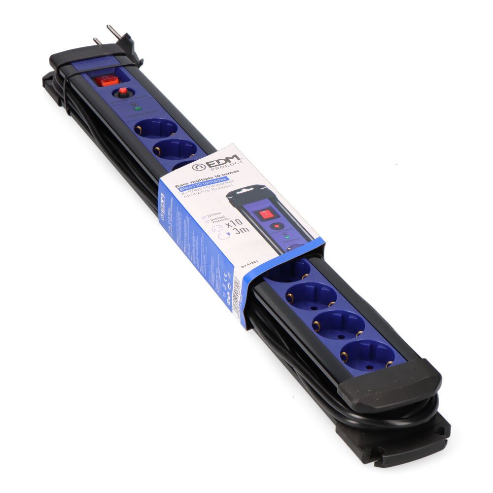 BASE MULTIPLE 10 TOMAS 2P+T CON INTERRUPTOR LUMINOSO+PROTECTOR, 3 m CABLE H05VV-F 3G1,5 mm² NEGRA / AZUL