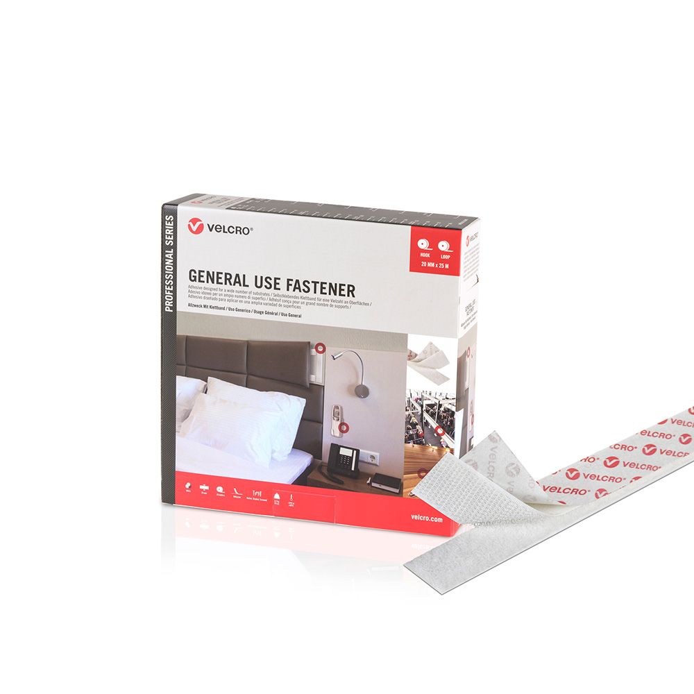 CINTA DE GANCHO Y BUCLE ADHESIVA BLANCA 20mm x 25 m