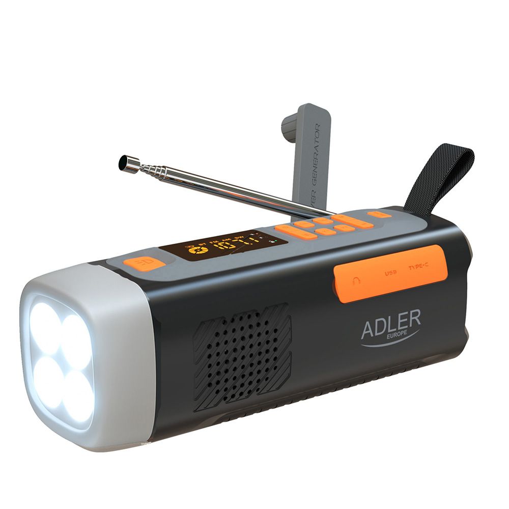 RADIO EMERGENCIA SOLAR + MANIVELA, LINTERNA LED 4 W, POWERBANK 4500 mAh AD 1920