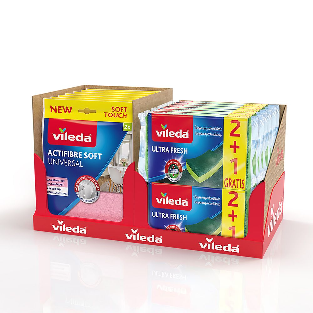 EXPOSITOR SOBREMESA, 15 x BAYETA ACTIFIBRE + 12 x ESTROPAJO FCE