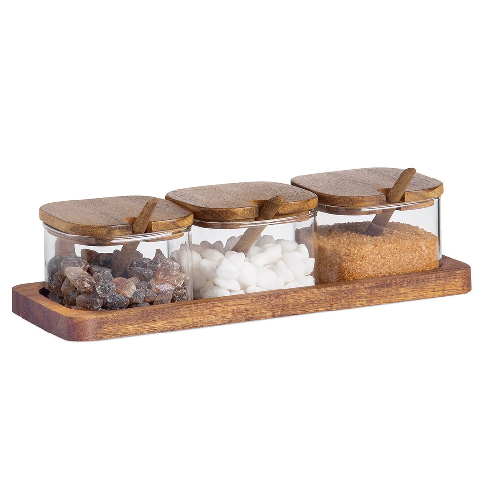 AZUCARERO DE VIDRIO Y MADERA DE ACACIA, 3 PIEZAS CON BANDEJA, 27 x 10,5 x 7 cm