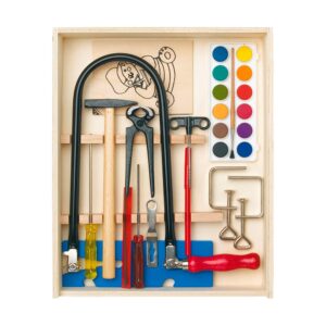 CAJA DE MADERA CON KIT DE MARQUETERÍA Y PINTURAS, 16 PIEZAS