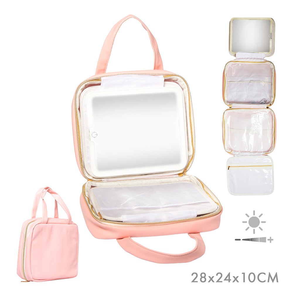 MALETÍN DESPLEGABLE PARA COSMÉTICOS CON ESPEJO LED Y COLGADOR, ROSA, 27 x 8,5 x 22 cm