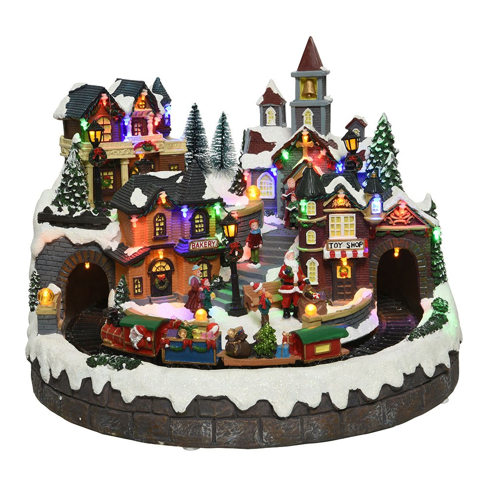 PUEBLO NAVIDEÑO CON LED MULTICOLOR, MOVIMIENTO Y MÚSICA, Ø40,5 x 31 cm