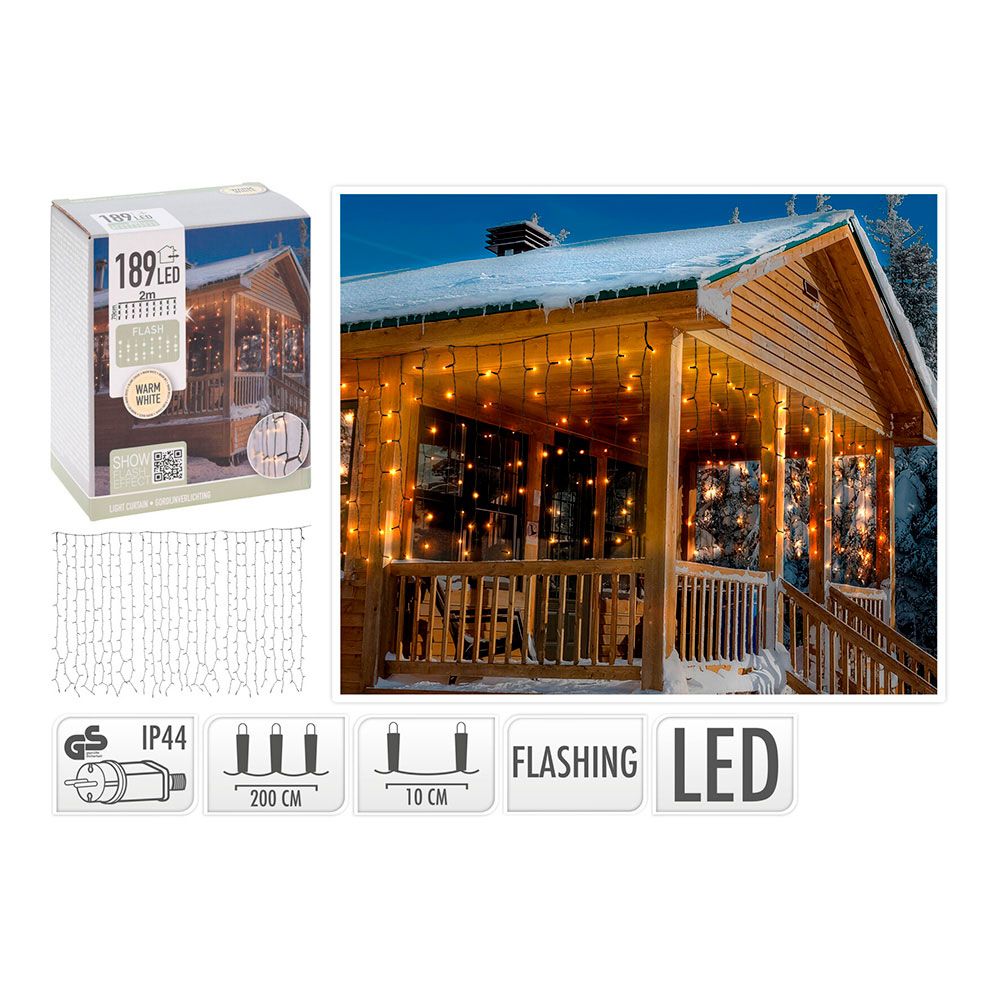 CORTINA MULTIFUNCIÓN, EXTERIOR, FLASH, BLANCO CÁLIDO, 189 LEDS, 2 x 0,7 m