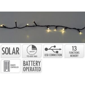 GUIRNALDA SOLAR RECARGABLE, MULTIFUNCIÓN, USO INTERIOR/EXTERIOR, LUZ CÁLIDA, 480 LEDS, 21,6 m, CON CONTROL REMOTO