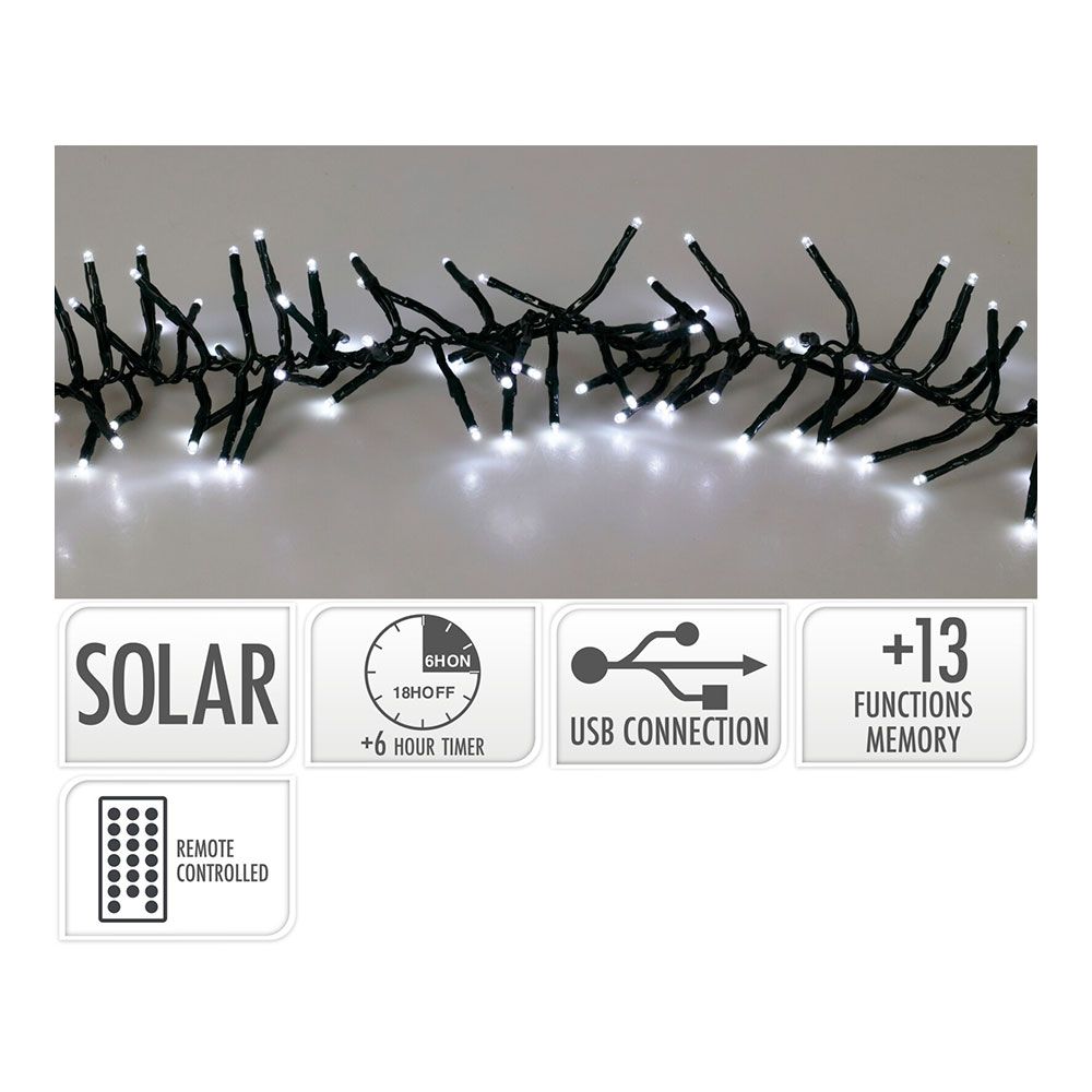 GUIRNALDA SOLAR MULTIFUNCIÓN, USO INTERIOR/EXTERIOR, BLANCO FRÍO, 768 LEDS, 5,6 m, CON CONTROL REMOTO