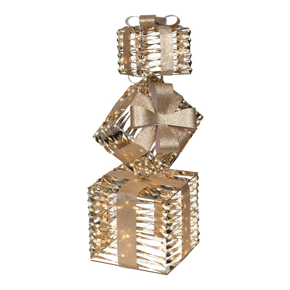 FIGURA LED DECORATIVA CON FORMA DE CAJAS DE REGALO, USO EXTERIOR, BLANCO CÁLIDO, 600 LEDS, 25,5 x 25,5 x 73 cm