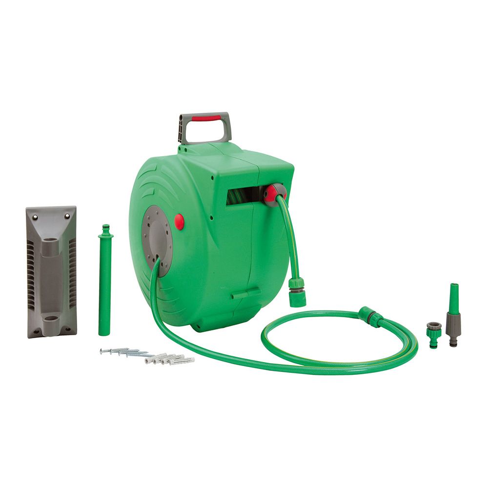ENROLLADOR AUTOMÁTICO DE MANGUERA 20 m (+2 m), Ø13 mm. SOPORTE 180° Y ACCESORIOS