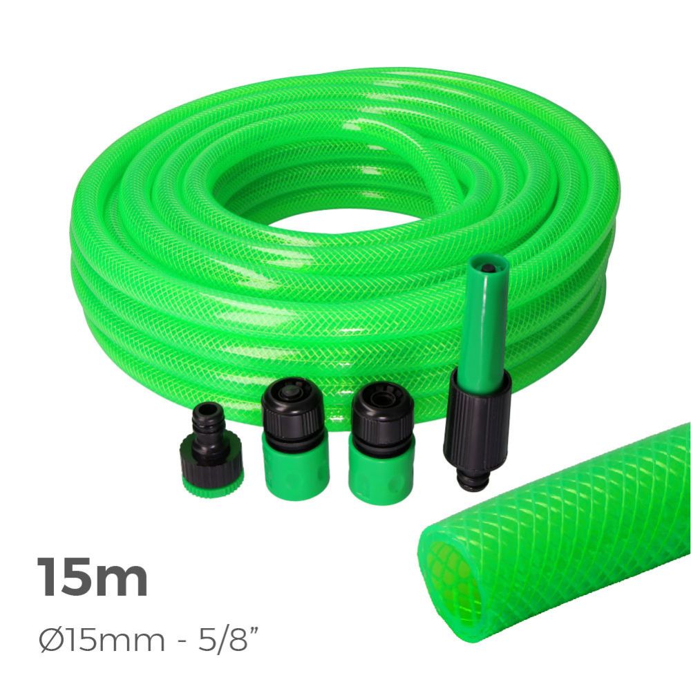 KIT MANGUERA DE JARDÍN ESTANDAR Ø15 mm, 5/8 pulg, 15 m