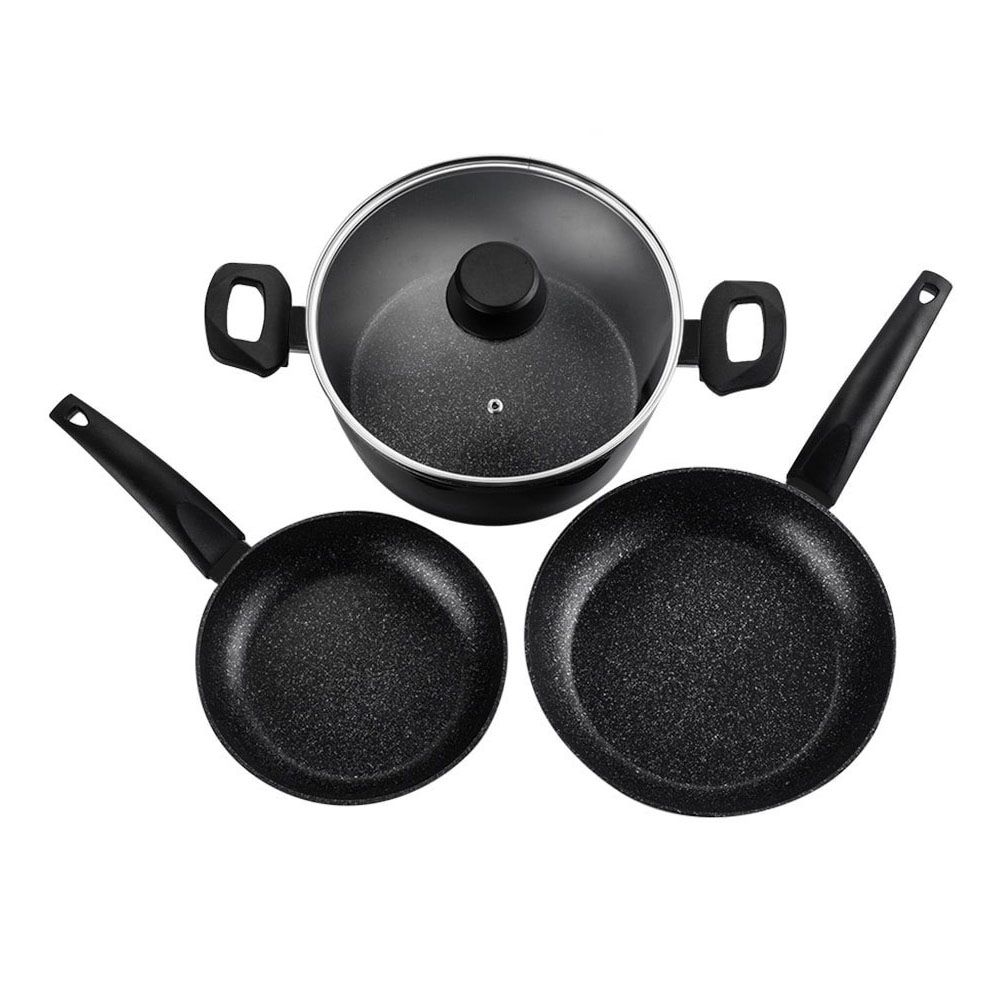 SET 2 SARTENES + 1 OLLA, VIVANT, NEGRA, ALUMINIO, MEDIDAS: SARTENES Ø20 / Ø24 cm Y OLLA Ø24 cm