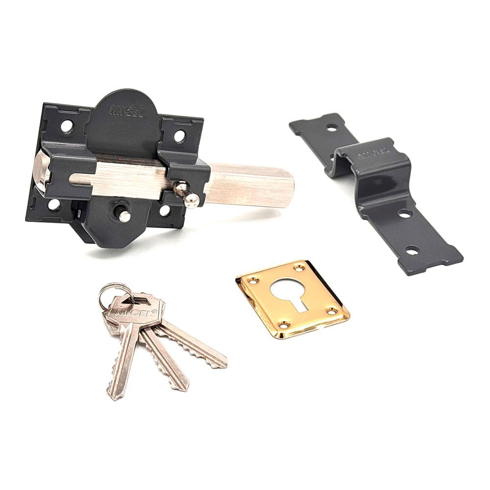 CERROJO, SEGURIDAD, SOBREPONER, MODELO CRR08, DE ACERO CON ACABADO GRIS, 86B/50 mm , CON 3 LLAVES AMAESTRADAS