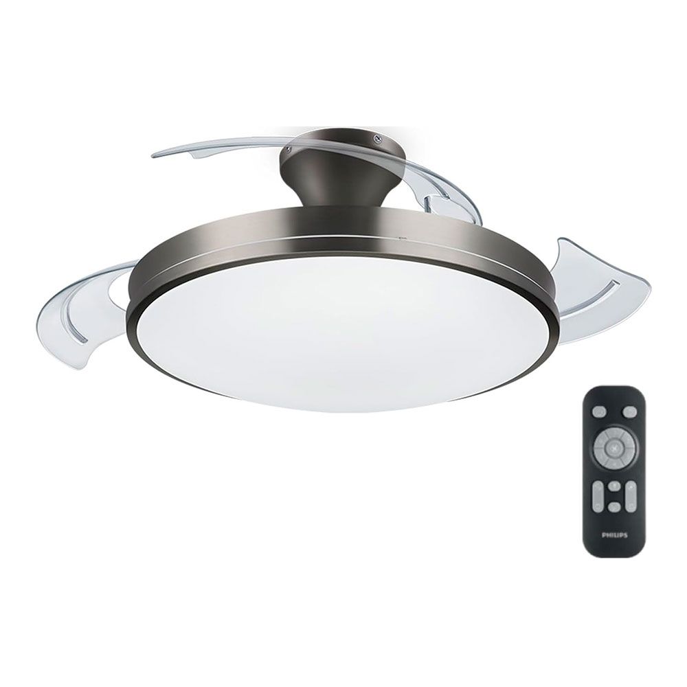 VENTILADOR DE TECHO DE LED MODELO ATLAS. COLOR NIKEL. POTENCIA: 28 + 35 W ASPAS: Ø 106 cm CON MANDO A DISTANCIA